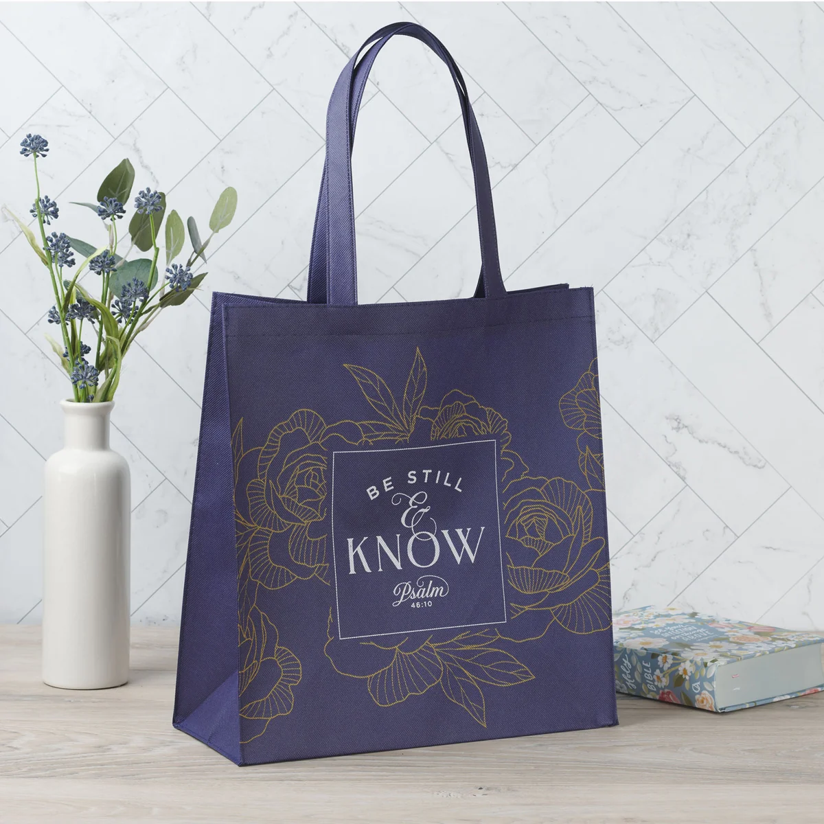 Be Still and Know Navy Non-Woven Tote Bag - Image 3