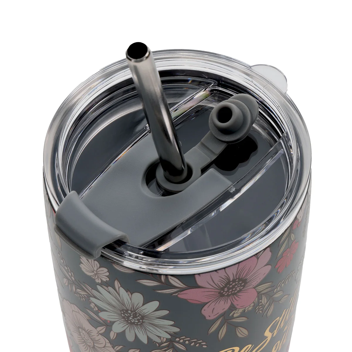 Be Still and Know Teal Floral Stainless Steel Travel Mug with Straw - Image 3