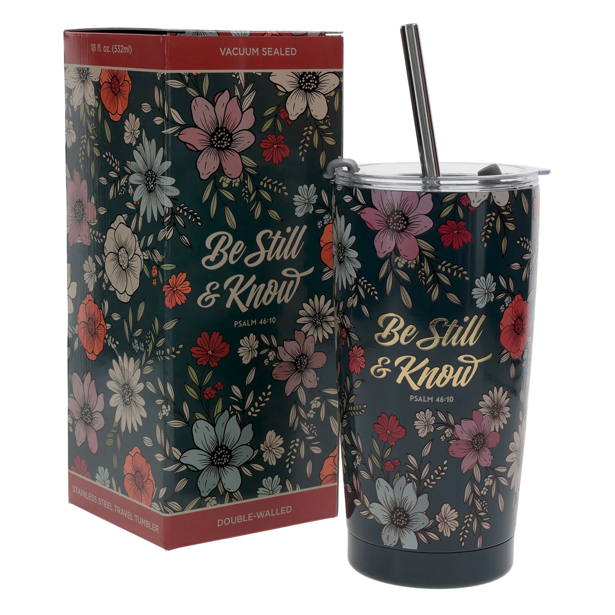 Be Still and Know Teal Floral Stainless Steel Travel Mug with Straw - Image 4