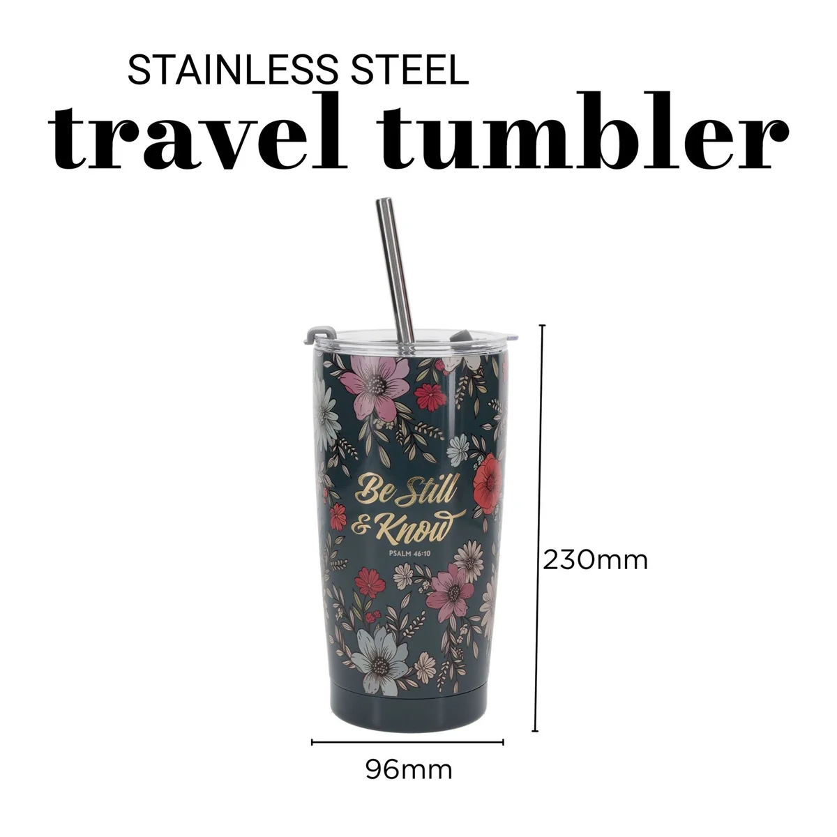 Be Still and Know Teal Floral Stainless Steel Travel Mug with Straw - Image 5