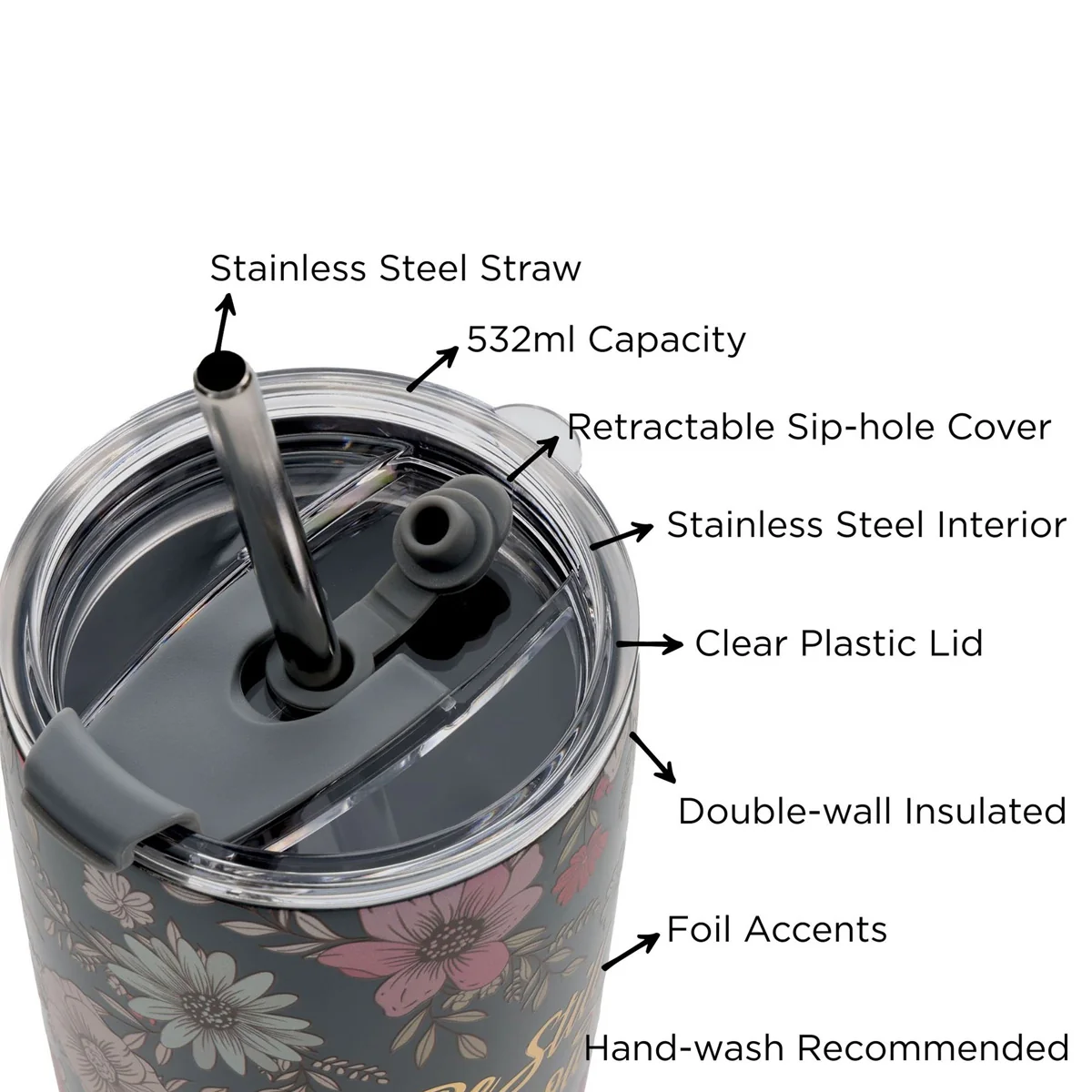 Be Still and Know Teal Floral Stainless Steel Travel Mug with Straw - Image 6