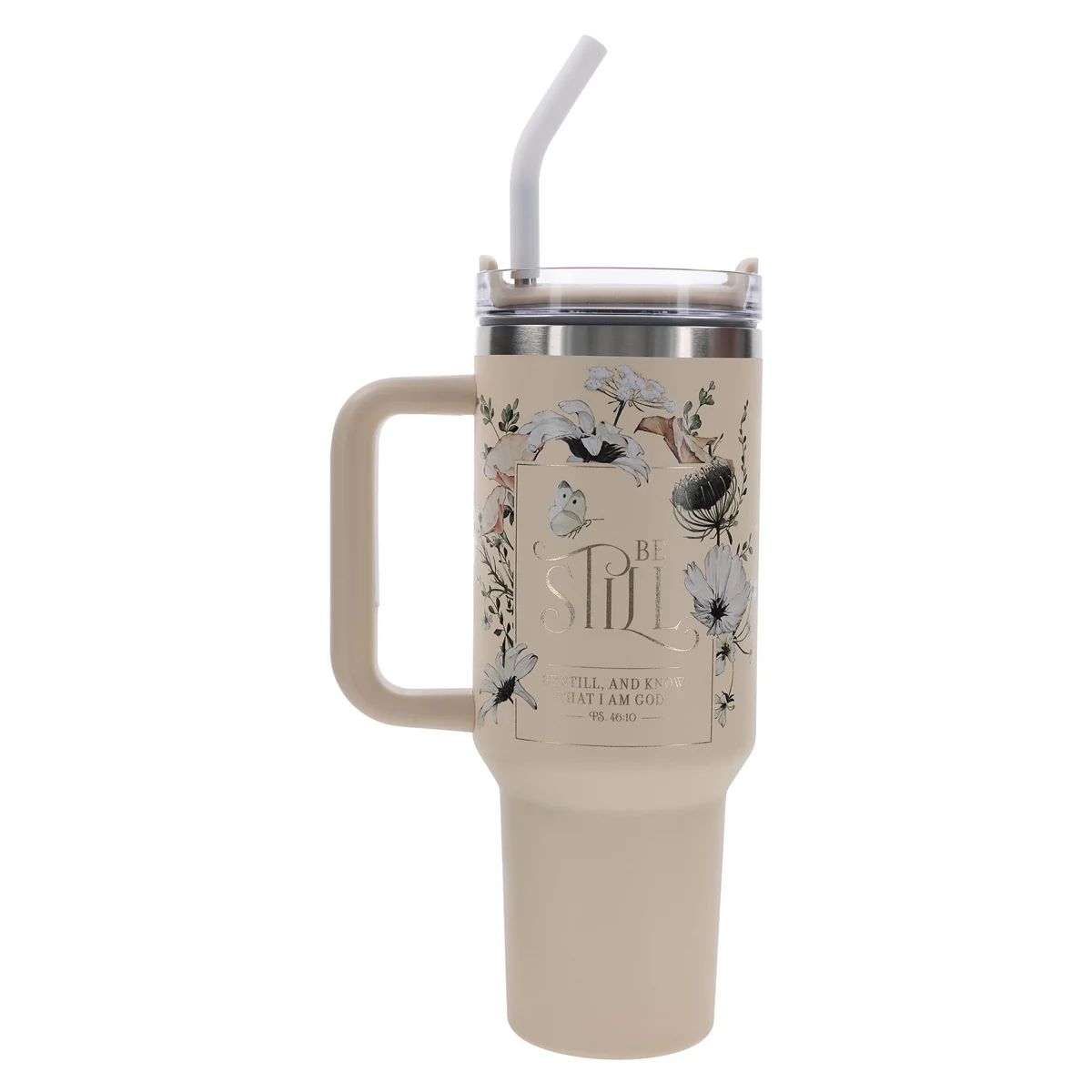 Be Still and Know That I Am God Large Stainless Steel Mug with Handle and Straw - Image 2