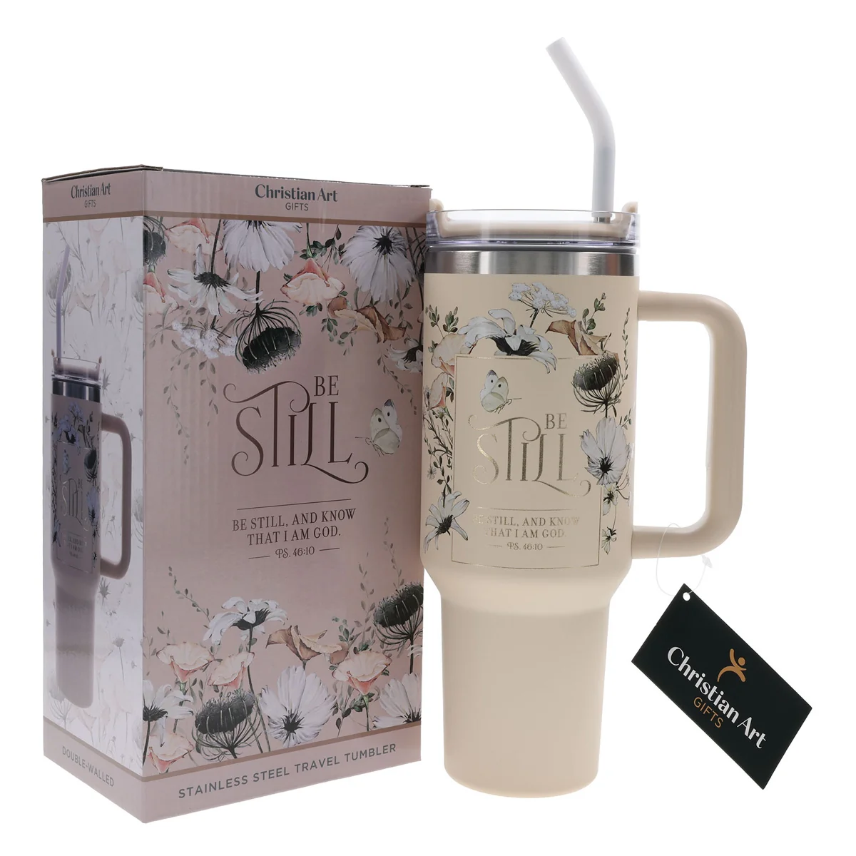 Be Still and Know That I Am God Large Stainless Steel Mug with Handle and Straw - Image 4