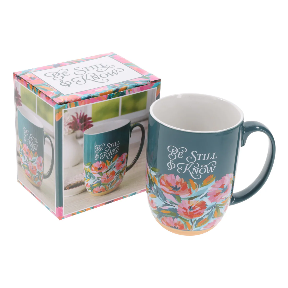 Be Still & Know Floral Teal Green Ceramic Mug - Image 3