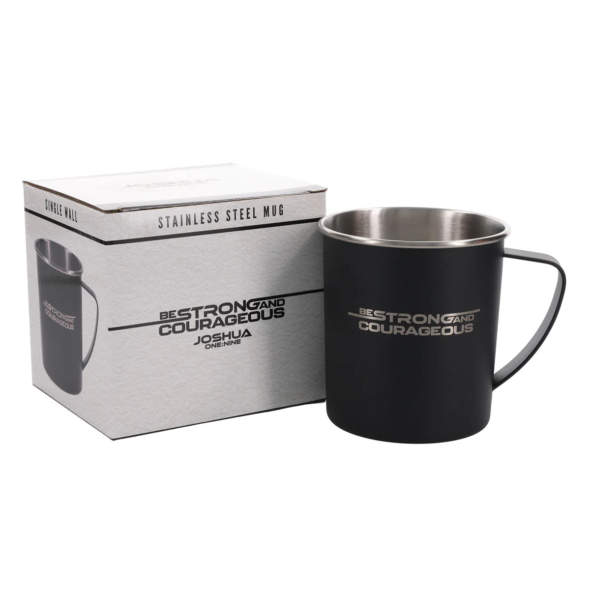 Be Strong and Courageous Black Stainless Steel Camp Style Mug - Image 3