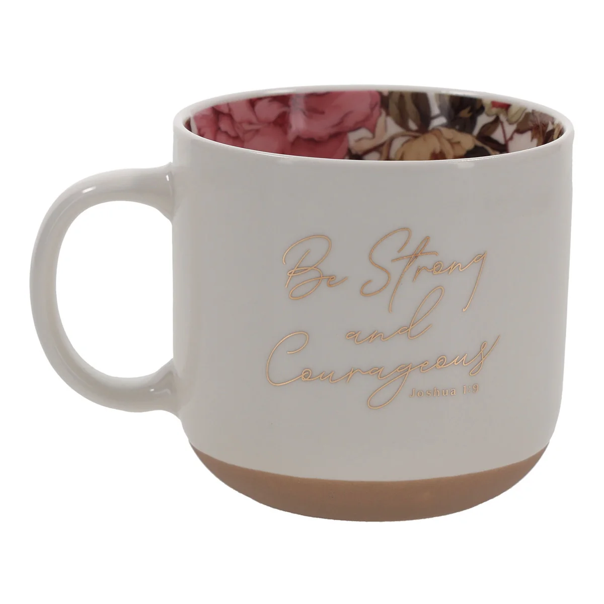 Be Strong and Courageous White Ceramic Mug with Floral Interior - Image 2