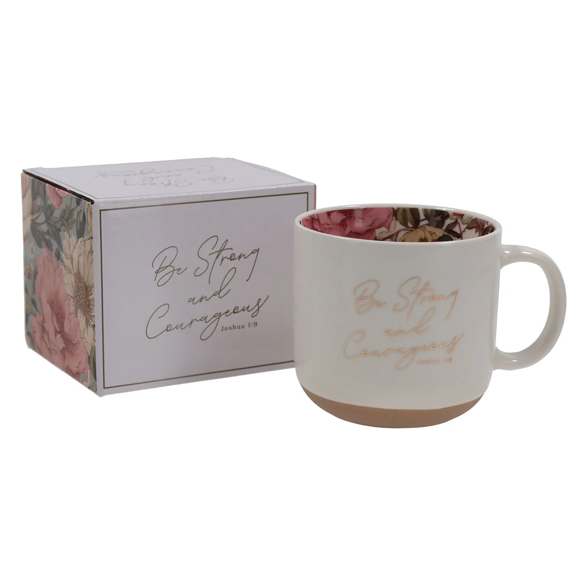Be Strong and Courageous White Ceramic Mug with Floral Interior - Image 4