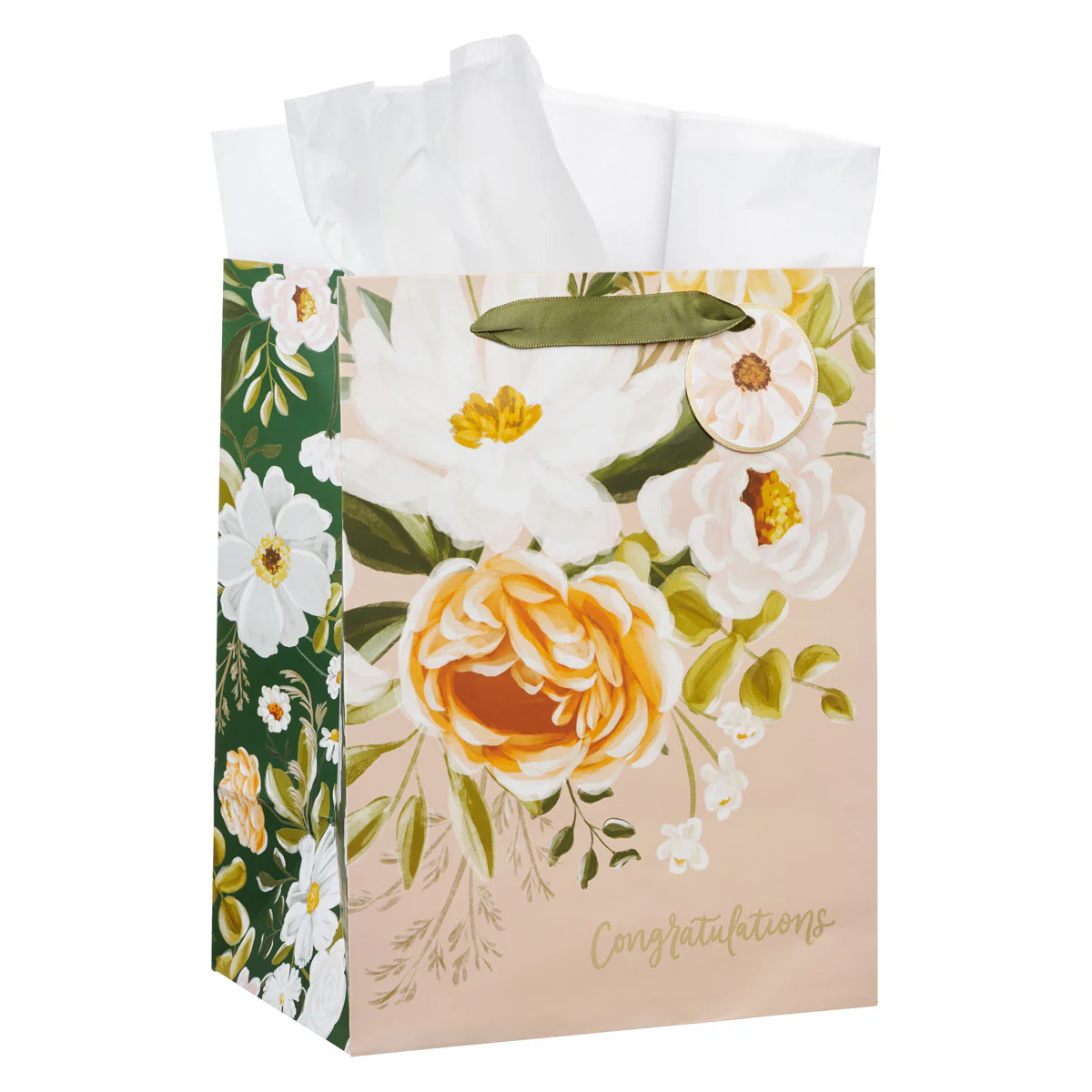 Congratulations Neutral Floral Portrait Gift Bag with Gift Tag - Image 3