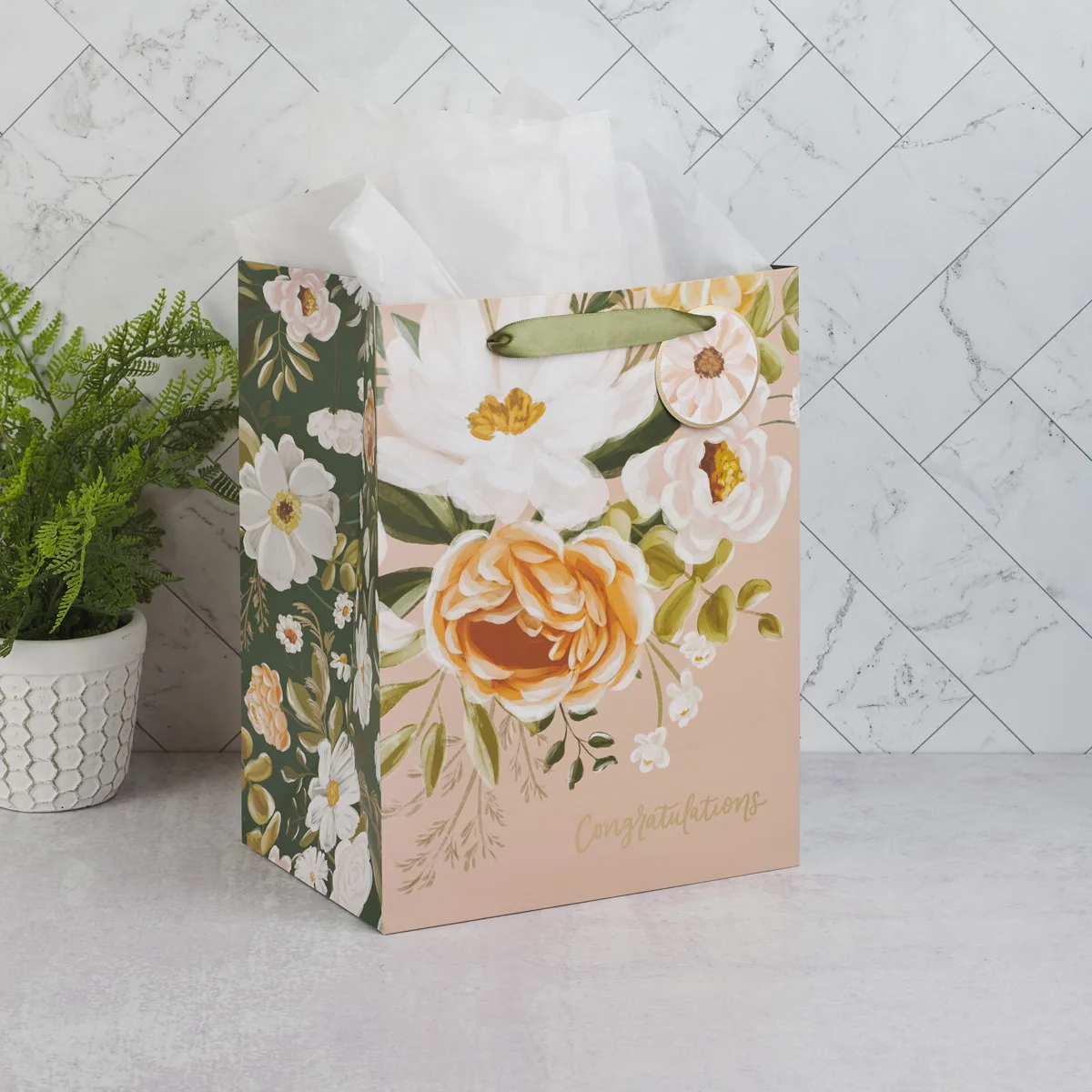 Congratulations Neutral Floral Portrait Gift Bag with Gift Tag - Image 4