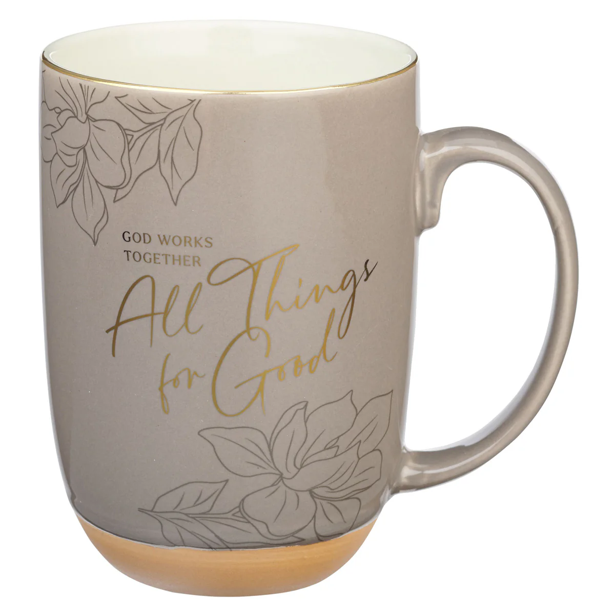 God Works Together All Things for Good Taupe Ceramic Mug with Cream Interior