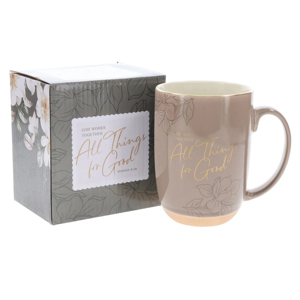 God Works Together All Things for Good Taupe Ceramic Mug with Cream Interior - Image 3