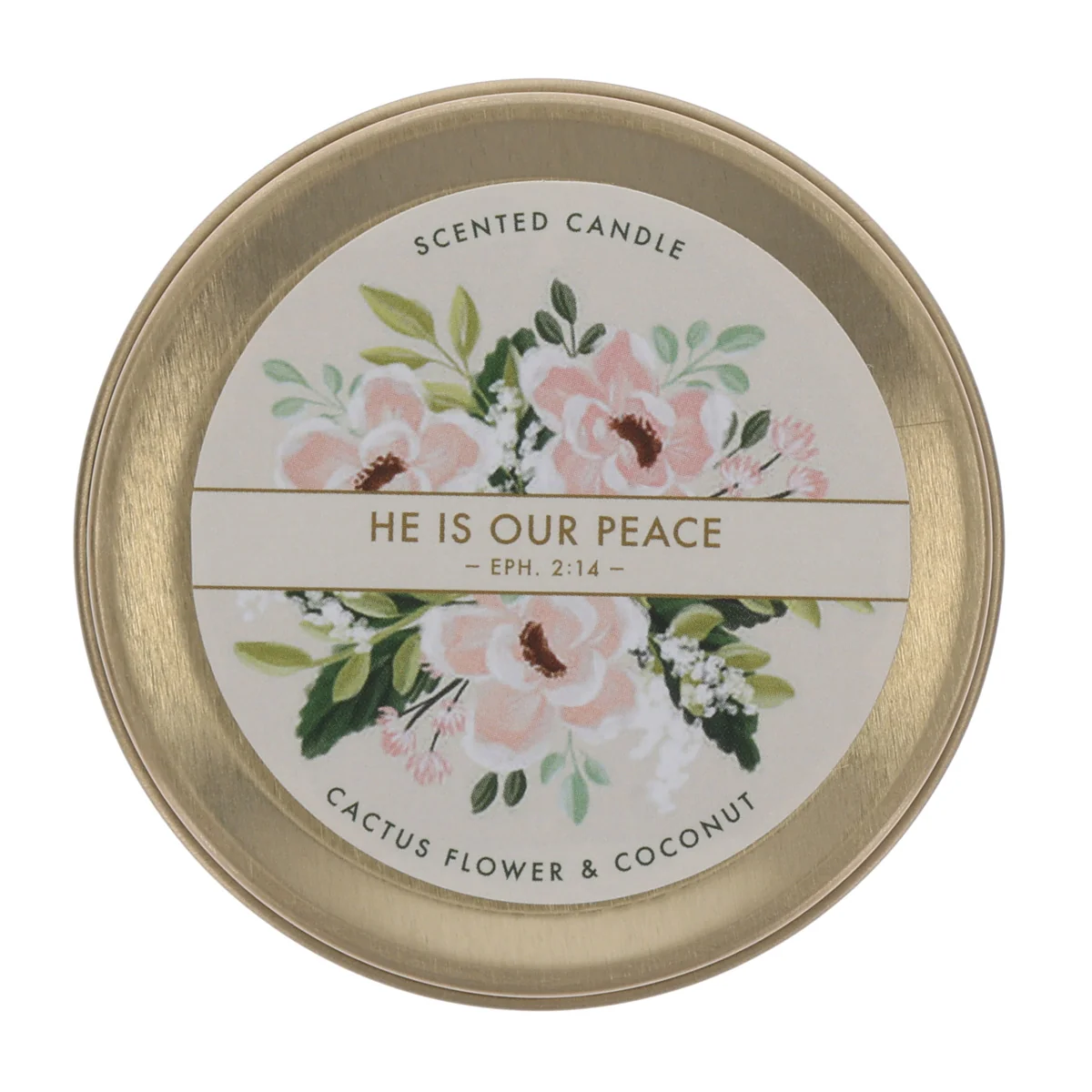 He Is Our Peace Cactus Flower and Coconut Scented Candle in Tin - Image 3