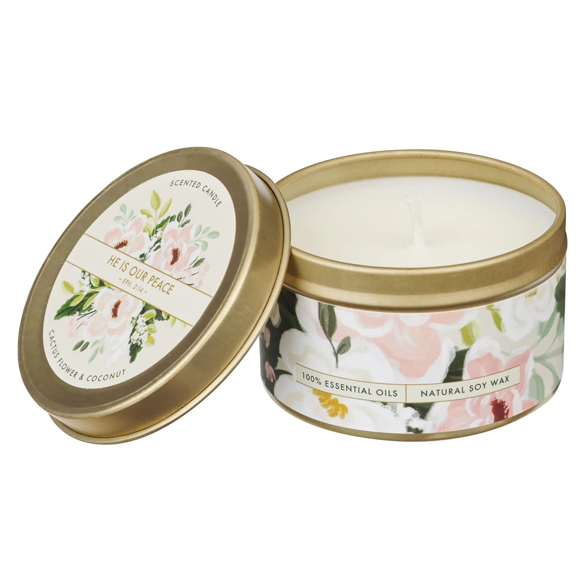 He Is Our Peace Cactus Flower and Coconut Scented Candle in Tin - Image 4