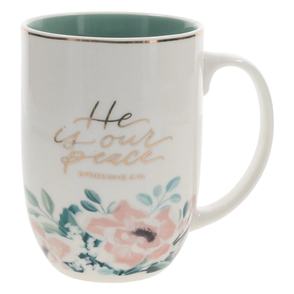He Is Our Peace Ceramic Mug with Green Interior