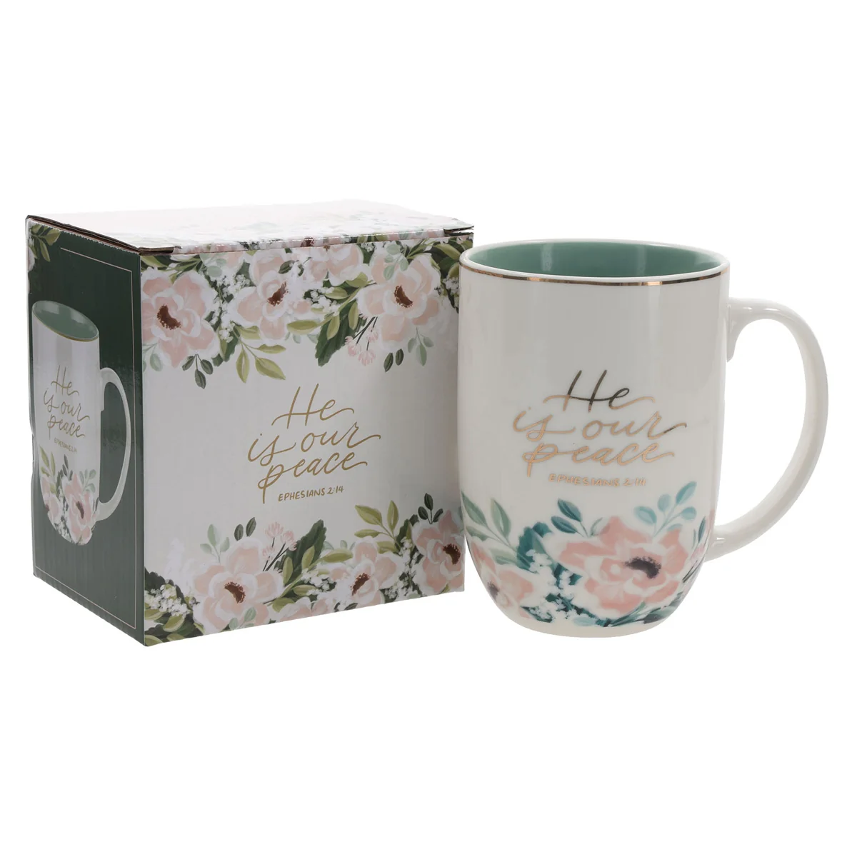 He Is Our Peace Ceramic Mug with Green Interior - Image 4