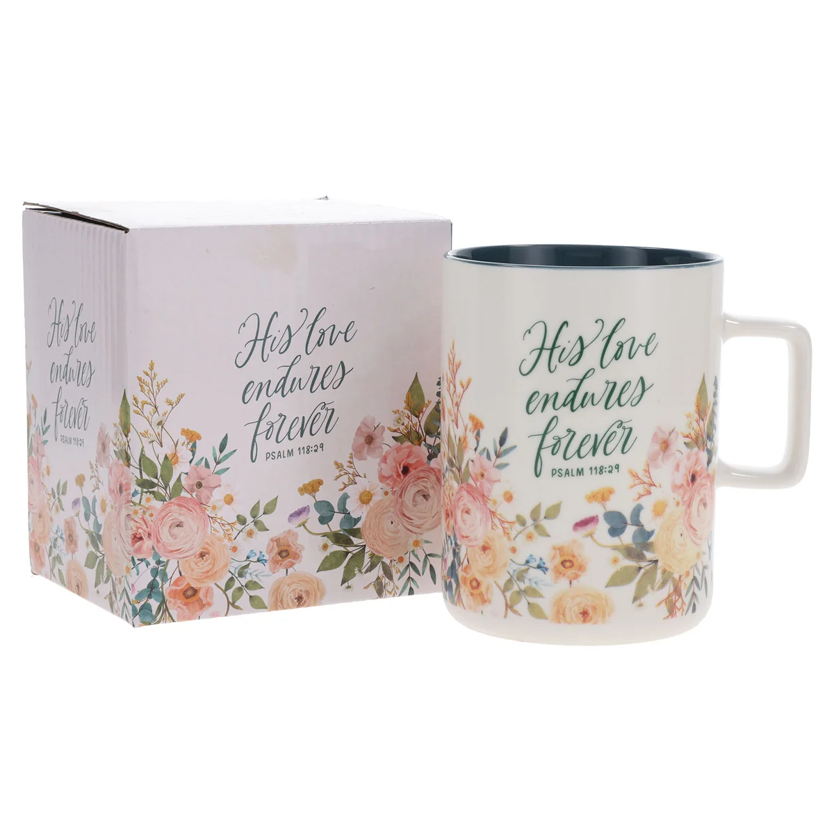 His Love Endures Forever Ceramic Mug with Teal Interior - Image 3