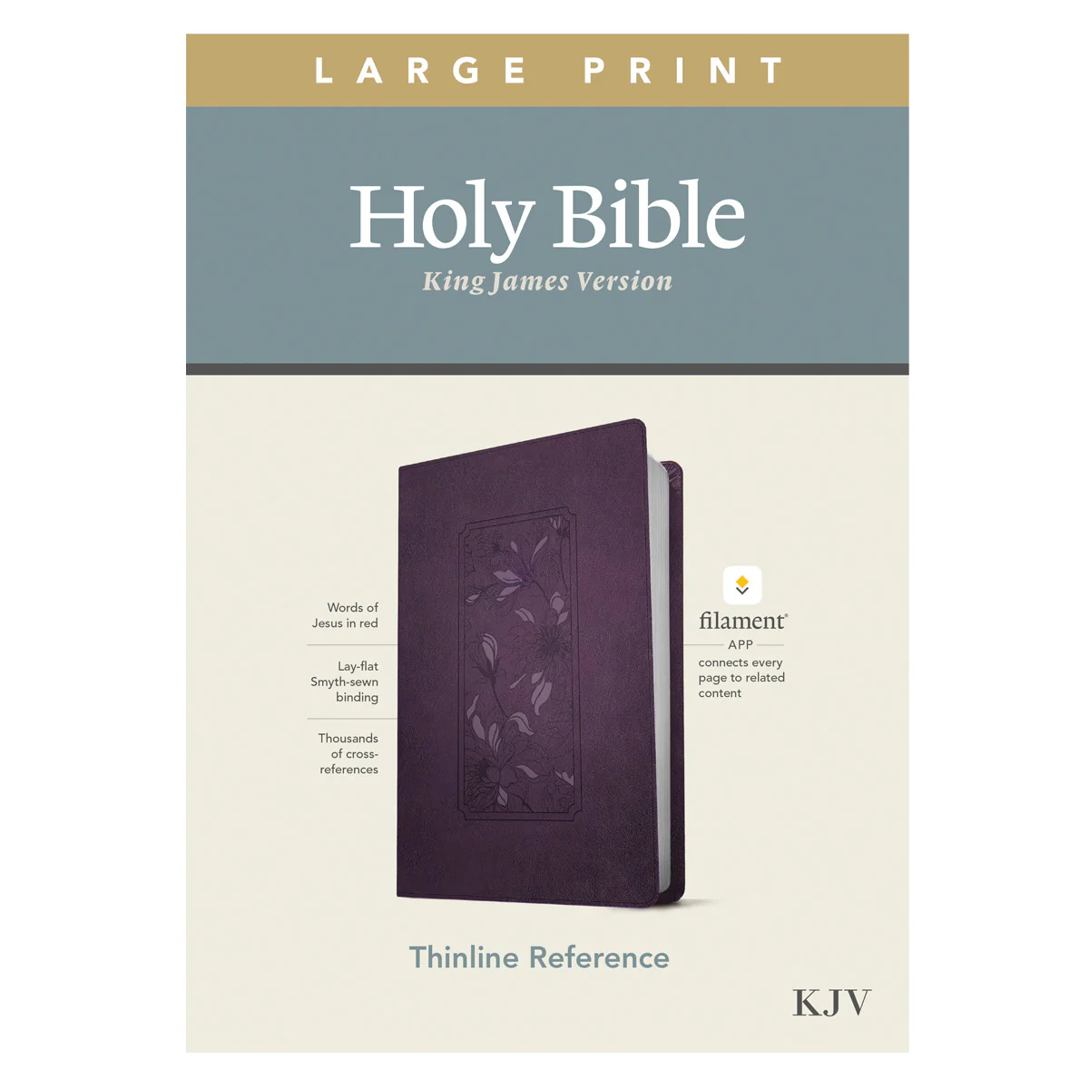 KJV Floral Frame Purple Imitation Leather Filament Thinline Ref Bible Large Print Red Letter