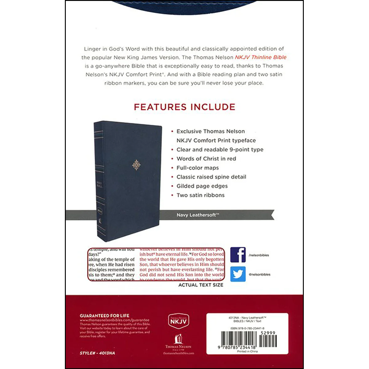 NKJV Thinline Bible Red Letter Edition Navy (Comfort Print)(Imitation Leather) - Image 2