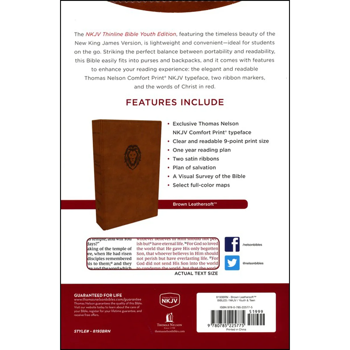NKJV Thinline Bible Youth Red Letter Brown (Comfort Print)(Imitation Leather) - Image 2