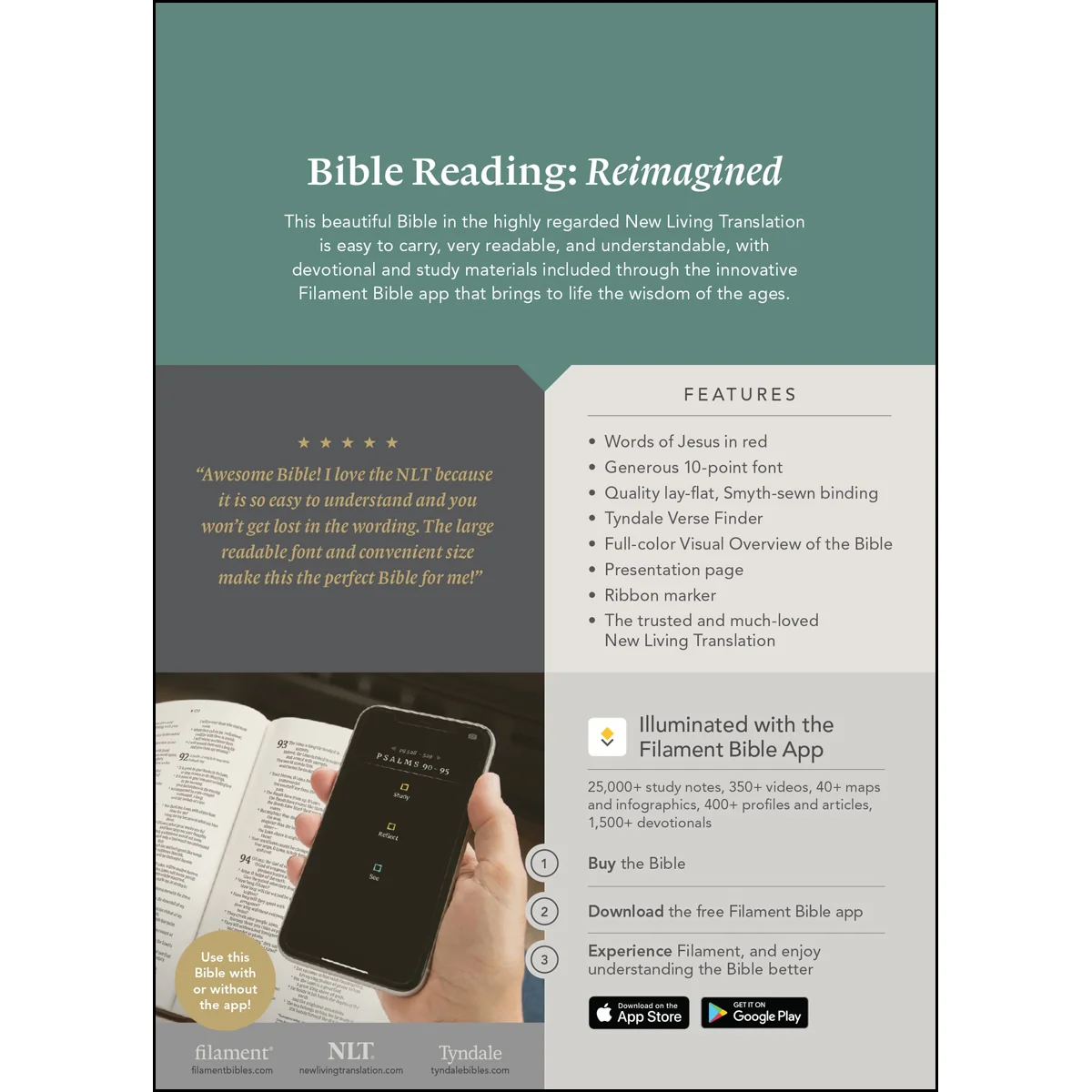NLT Filament Compact Bible Giant Print Red Letter Indexed Peony Rich Teal (Imitation Leather) - Image 2