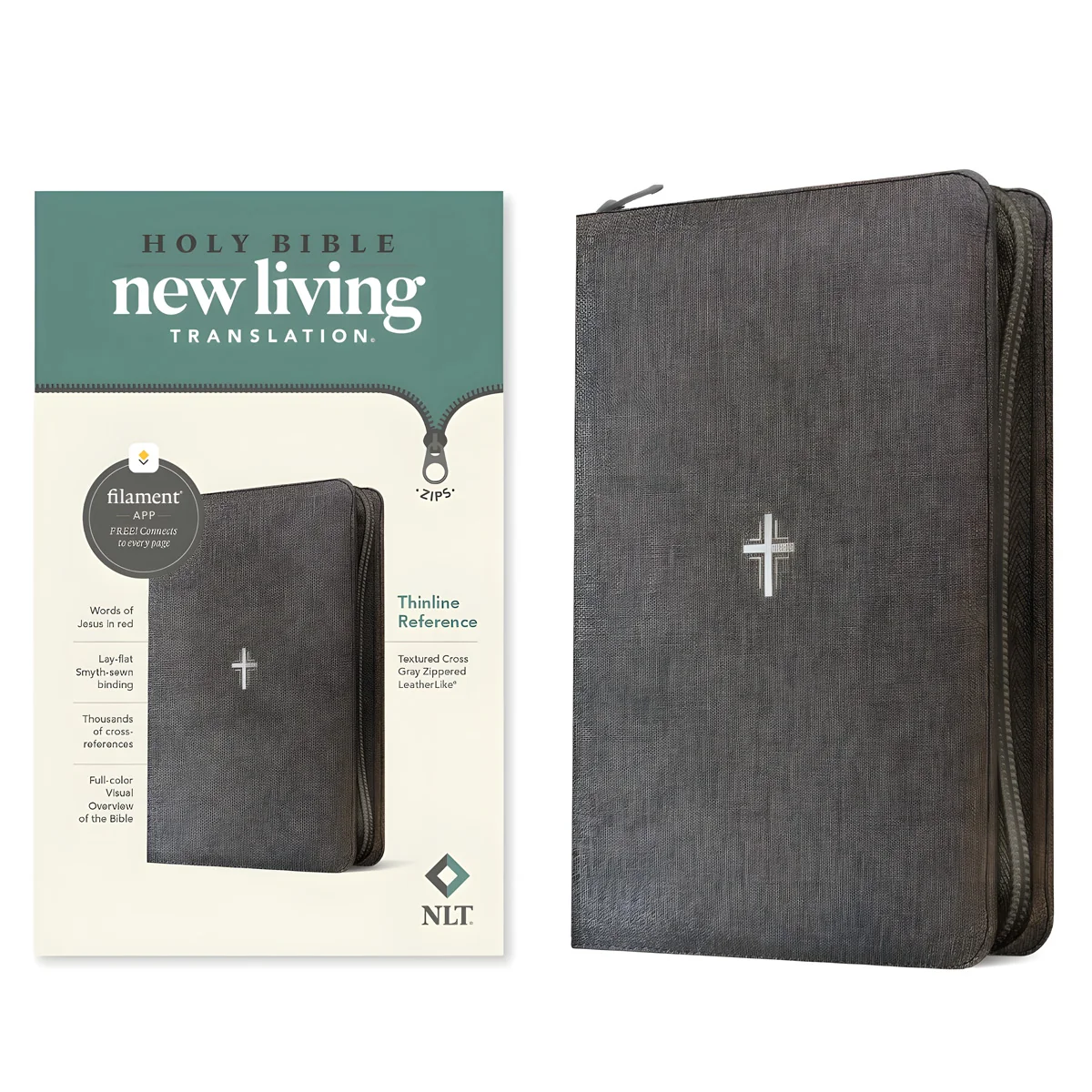 NLT Textured Cross Grey Imitation Leather with Zip Filament Thinline Ref Bible Red Letter - Image 2
