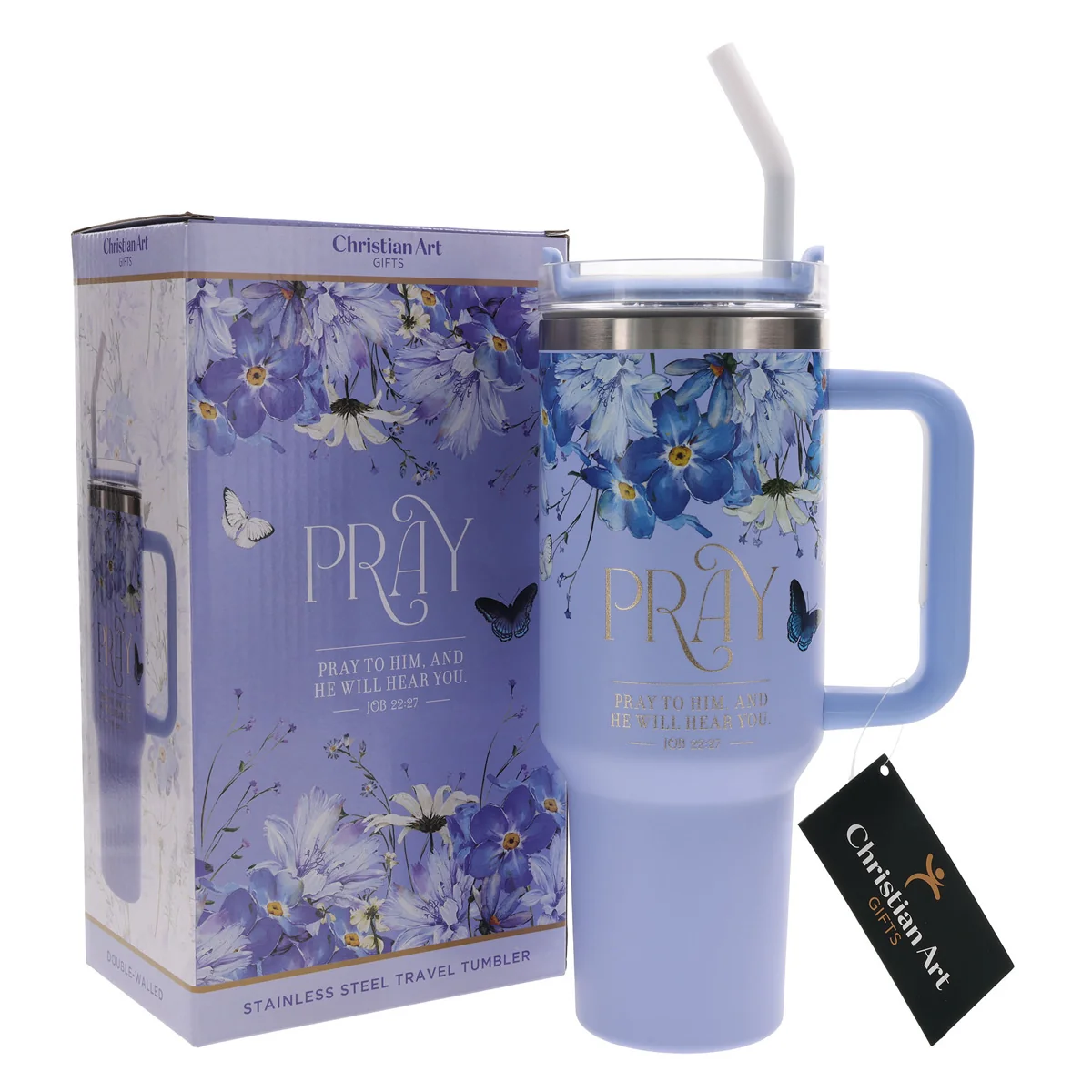 Pray to Him and He Will Hear You Large Stainless Steel Mug with Handle and Straw - Image 4