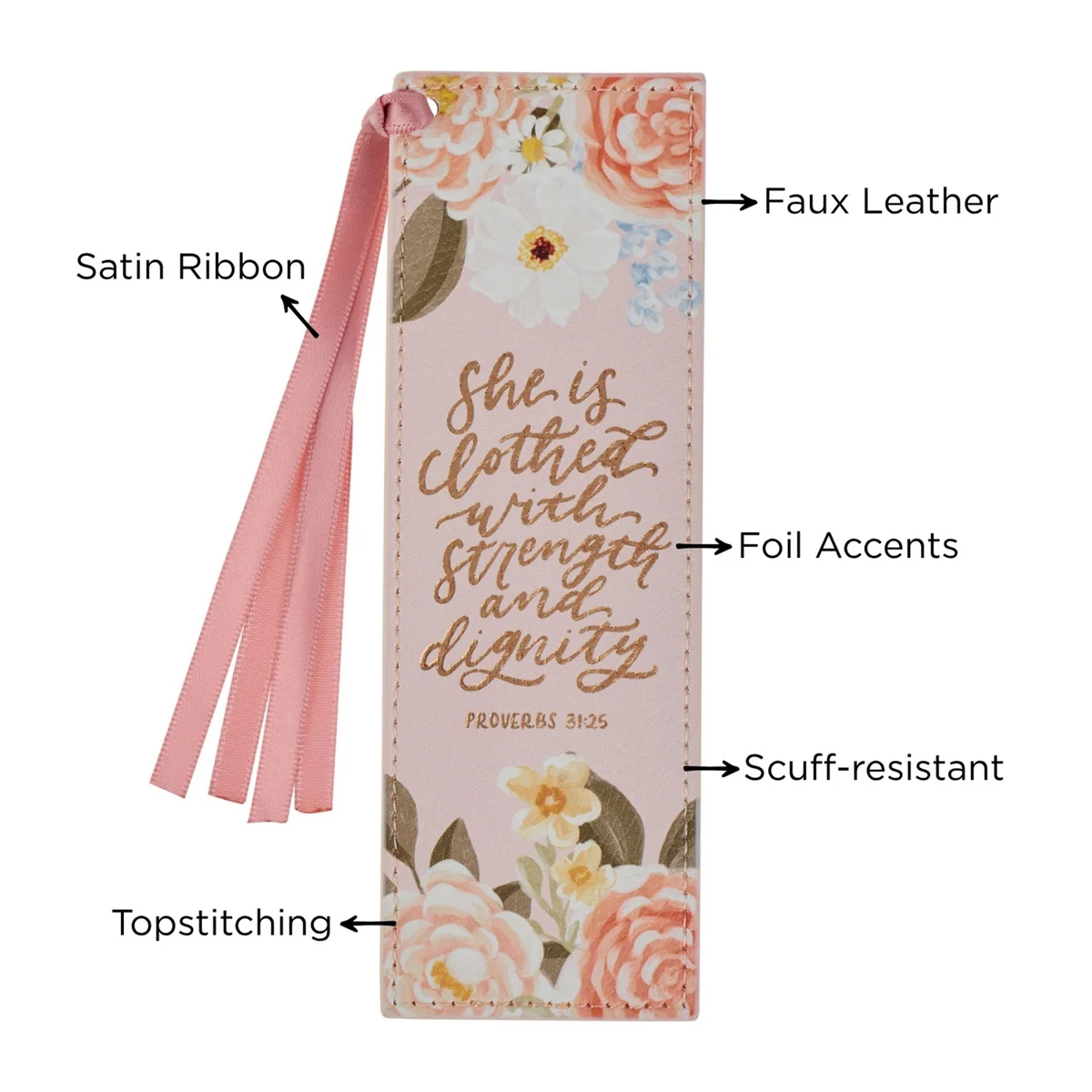 She Is Clothed with Strength and Dignity Pink Faux Leather Bookmark - Image 4
