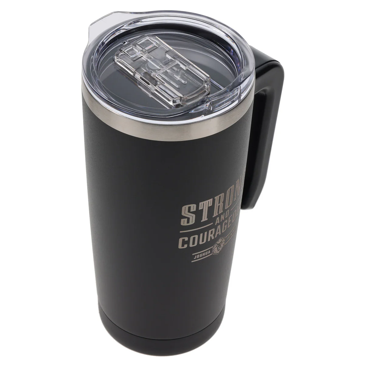 Strong and Courageous Black Stainless Steel Travel Mug with Handle - Image 3