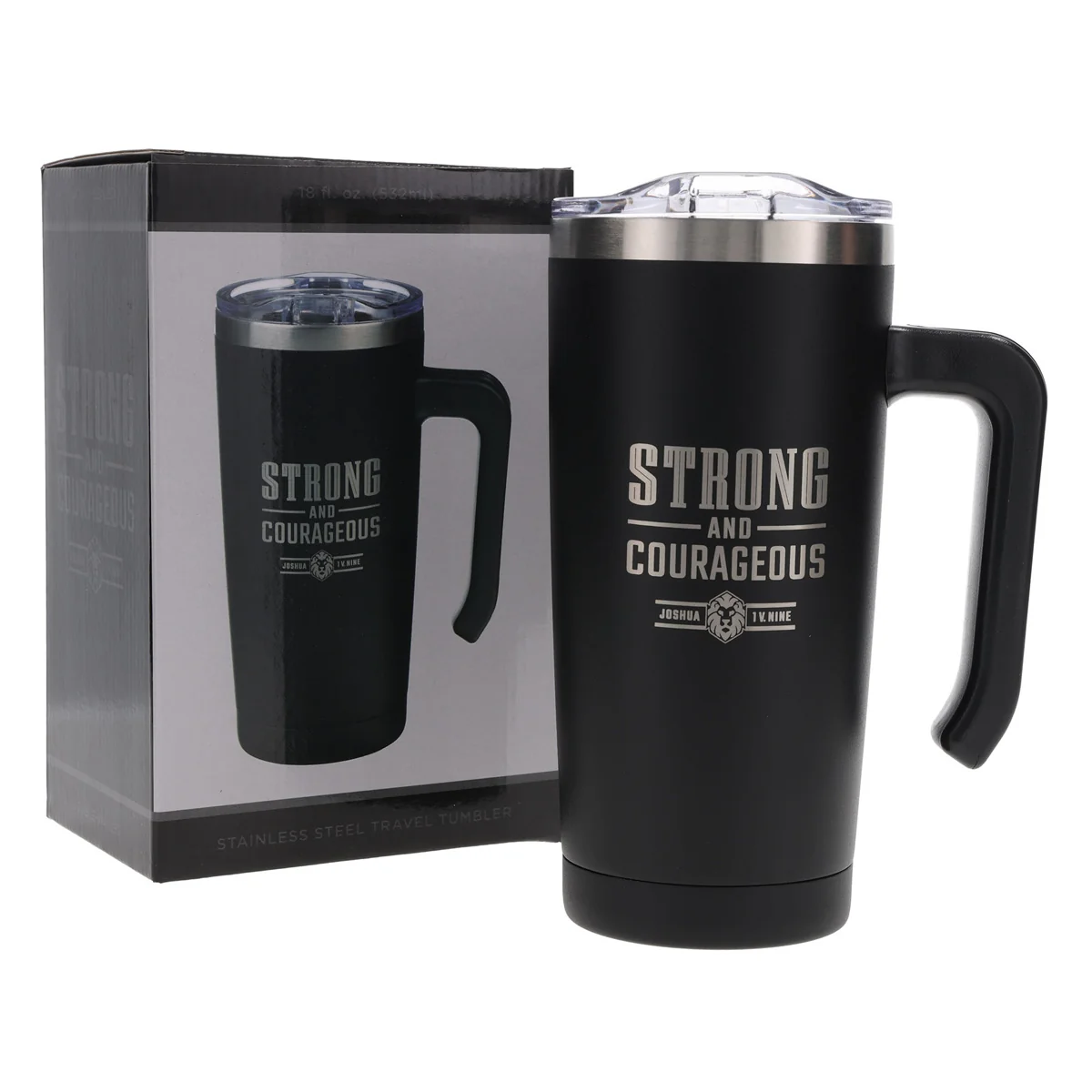Strong and Courageous Black Stainless Steel Travel Mug with Handle - Image 4