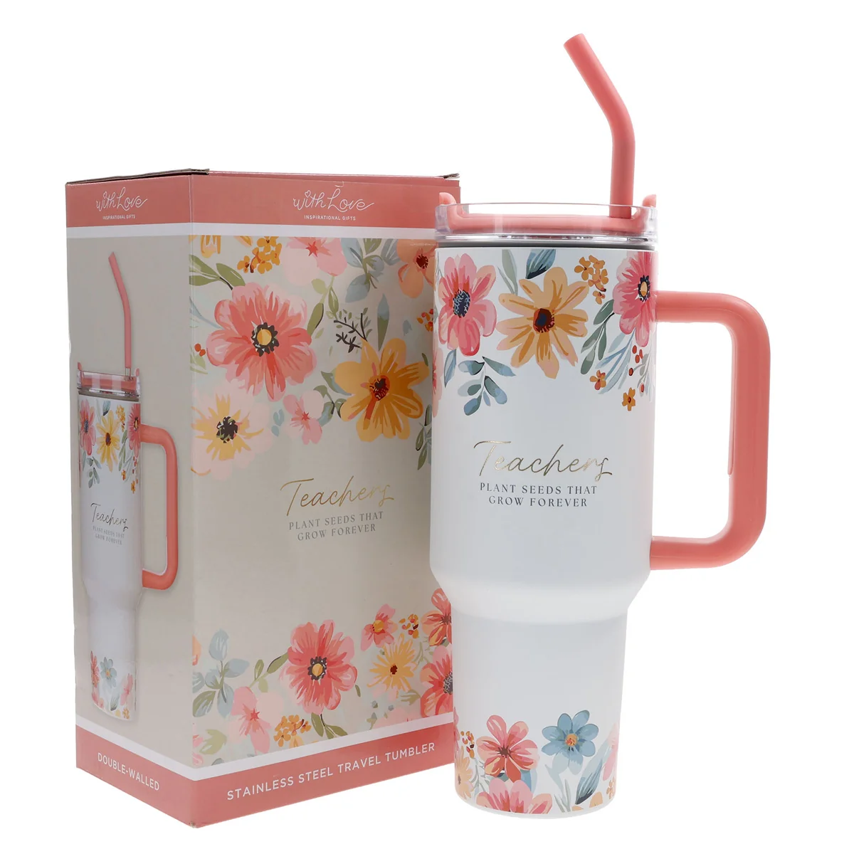 Teachers Plant Seeds That Grow Forever Large Stainless Steel Mug with Handle and Straw - Image 4