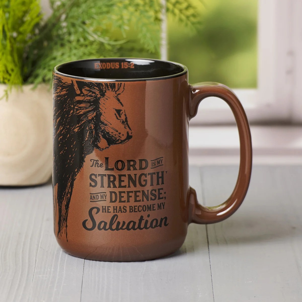 The Lord Is My Strength and My Defense; He Has Become My Salvation Brown Ceramic Mug - Image 3