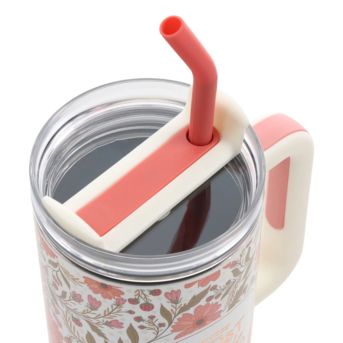 Those Who Trust in the Lord Coral Floral Large Stainless Steel Mug with Handle and Straw - Image 3
